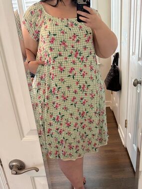 torrid Light Green Gingham Midi Dress with Pink Floral Print